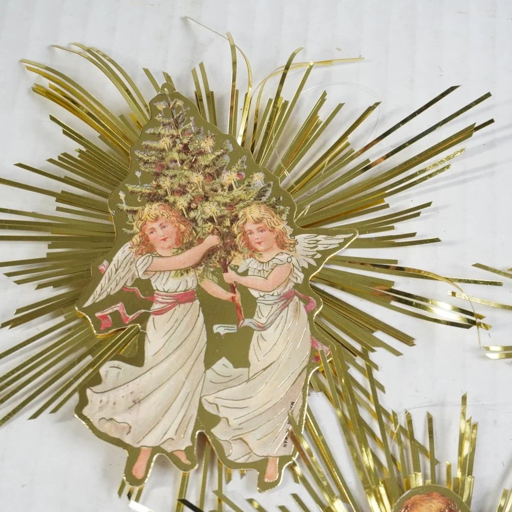 8 Vintage Victorian‎ Style Gold Foil Starburst Angel Paper Christmas Ornaments